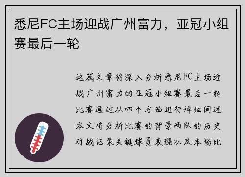 悉尼FC主场迎战广州富力，亚冠小组赛最后一轮