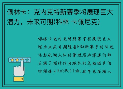 佩林卡：克内克特新赛季将展现巨大潜力，未来可期(科林 卡佩尼克)